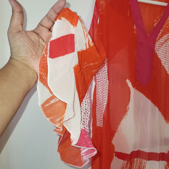 Multi color Red Print Long sheer Beach Kaftan Dress NWOT - Picture 7 of 7